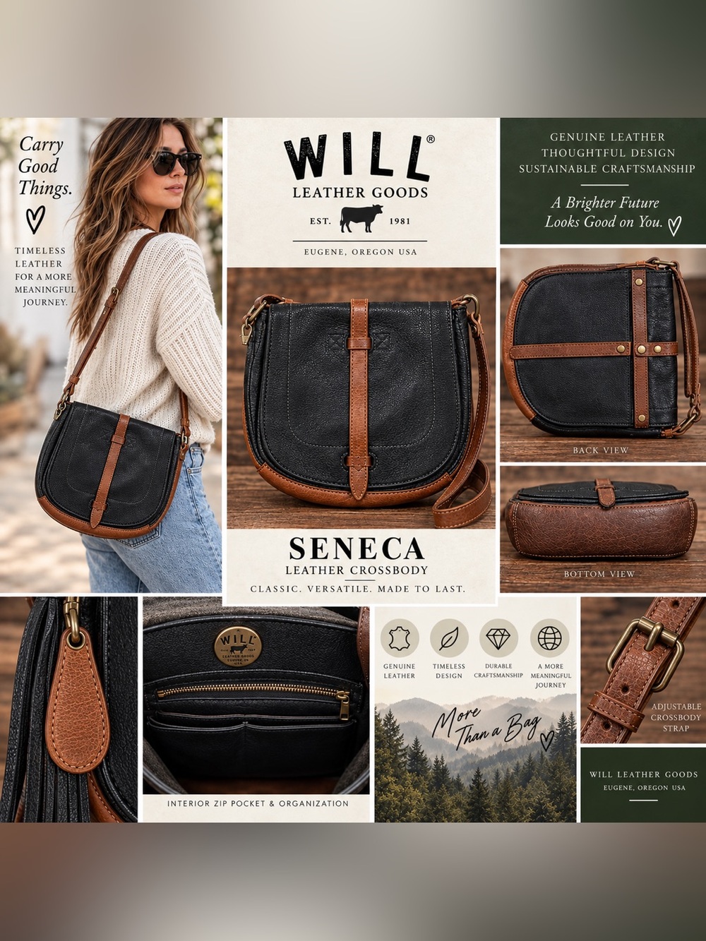 WILL Leather Goods Seneca Leather Crossbody Bag Black/Brown